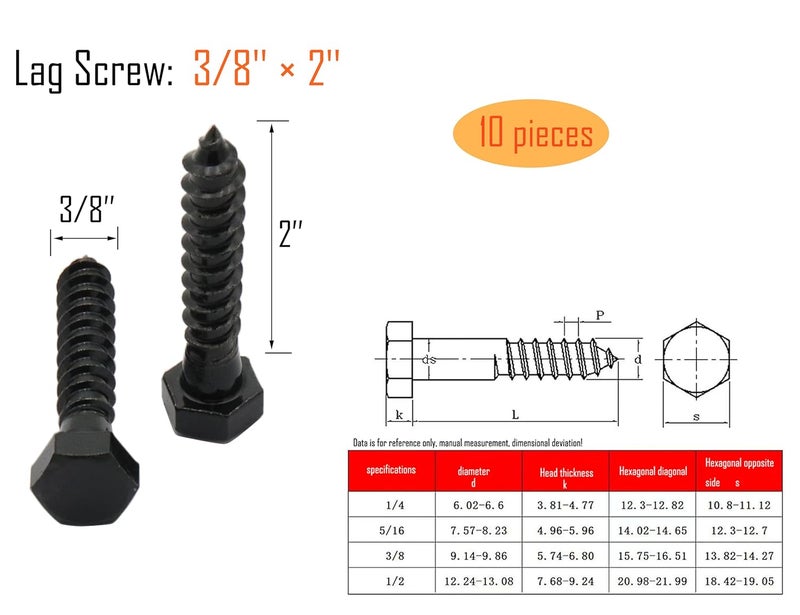 LBY 10pcs Lag Screws, 3/8" x 2" Hex Head Lag Screws Bolts (with Washers), Heavy-Duty Wood Screws for Decking & Structural Fastening, 304 Stainless Steel, (Black) - Image 3